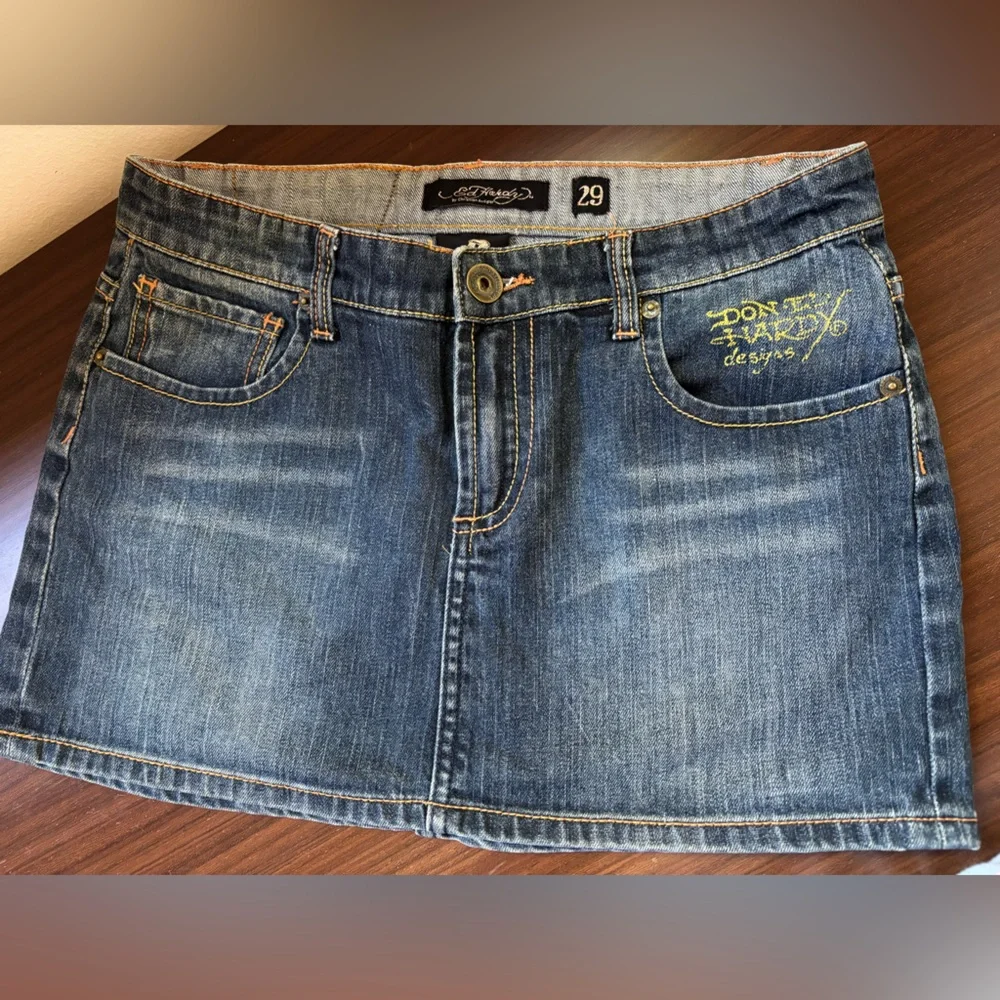 Ed Hardy Blue Denim Mini Skirt with Yellow Logo - Picture 2 of 8